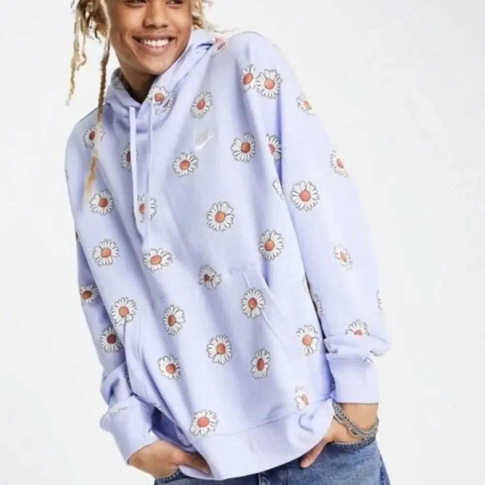 NIKE Women's blue daisies flowers pullover hoodie sweatshirt - L Large